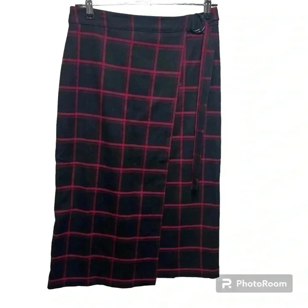 Banana Republic Women's Panel Long Red Black Plaid Skirt Lined Size 4